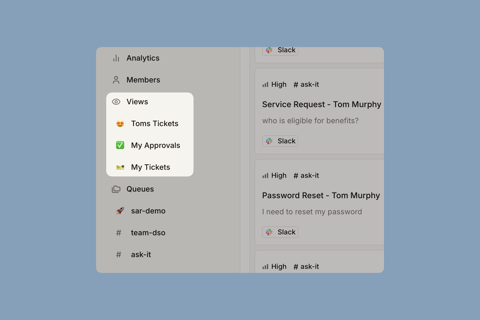 Workspace admin view with filters